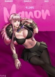 alternate_costume black_clothing breasts female magazine magazine_cover manon_legrand midriff necklace pink_eyes pink_hair skirt smile smiling solo solo_female street_fighter street_fighter_6 sunglasses sunglasses_removed thotlerrr treartz