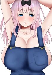 1girls alternate_breast_size armpits big_breasts blue_eyes blush breasts denim denim_clothing female female_only fujiwara_chika gigantic_breasts hands_above_head hands_behind_head hands_up hifumi_kei_(hi_fu_mi_kei) huge_breasts kaguya-sama_wa_kokurasetai_~tensai-tachi_no_renai_zunousen~ large_breasts light-skinned_female light_skin long_hair massive_breasts overalls pink_hair solo white_background