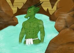 1boy abs anthro athletic athletic_male biceps black_horns cave cave_background fin green_skin horns hot_spring lizard_tail lizardman loincloth looking_at_viewer male_only mardek_rpg midriff muscular_anthro muscular_male pecs rocks scales scalie scars scars_all_over scars_on_arm scars_on_chest scars_on_face signature solo_male sslen'ck_ea-sslenal stalagmite standing_in_water steam tail water xvi yellow_eyes yellow_sclera