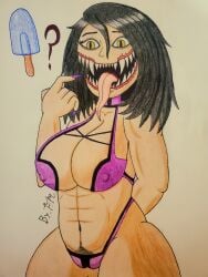 1girls black_hair f.m. female_pubic_hair long_tongue mileena mortal_kombat mortal_kombat_x muscular_female pubic_hair sharp_teeth swimsuit yellow_eyes