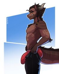 1boy absurd_res anthro bottomwear brown_body brown_scales bulge clothing dragon genital_outline hi_res horn male meme pants penis_outline scales scalie scar sharkcatsg shirtless side_view solo standing tail thick_tail tight_pants_(meme) underwear zore_(slashner)