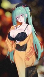 1girls big_breasts blush bra breasts eonsang female female_only girls'_frontline huge_breasts kimono large_breasts lingerie long_twintails micro_uzi_(girls_frontline) textless turquoise_eyes turquoise_hair twintails uncensored underwear