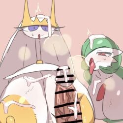 2girls after_fellatio blush cum cum_on_body cum_on_breasts cum_on_face cumshot female_pokemon gardevoir huge_breasts huge_cock licking_penis long_penis nishikun pheromosa pokemon pokemon_(species) pubic_hair pubic_hair_in_mouth steam tagme