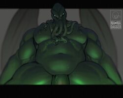 2023 cthulhu cthulhu_mythos digital_drawing_(artwork) digital_media_(artwork) flaccid genitals green_body h.p._lovecraft hi_res looking_at_viewer low-angle_view male male_only musclegut muscular muscular_male nanadagger navel nipples penis simple_background solo tentacle wings