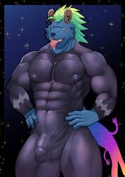 abs anthro ball_bulge blue_body blue_fur bulge clothing cthulhu_mythos deity edogast fur god green_hair h.p._lovecraft hair hands_on_waist hi_res hyena lifewonders literature male mammal muscular muscular_arms muscular_male muscular_thighs mythology night nipple_outline nyarlathotep_(tokyo_afterschool_summoners) pecs perineum_outline public_domain raised_arms skintight_bodysuit sky solo spandex_suit spread_legs spreading star tokyo_afterschool_summoners tongue tongue_out topwear