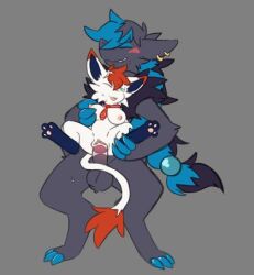 alternate_color anthro ball_tuft balls bargglesnatch-x1 belu_miranda_(character) bodily_fluids breast_grab breasts bulge duo ear_piercing female generation_1_pokemon generation_5_pokemon genital_fluids genitals hand_on_breast hisuian_form hisuian_zorua humanoid_genitalia humanoid_penis hybrid kai_mew-(character) leg_grab legendary_pokemon low_res male male/female mew_(pokemon) mostly_nude necktie necktie_only nintendo pawpads penetration penis piercing pokemon pokemon_(species) pussy pussy_juice regional_form_(pokemon) size_difference spread_legs spreading sweat sweatdrop tuft vaginal_penetration vaginal_penetration zoroark