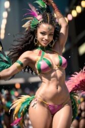 1girls ai_generated bikini blurry_background brazil brazilian carnival curly_hair dark-skinned_female earrings exotic feathers jewelry latin_america latina national_personification navel_piercing realistic samba stable_diffusion toned