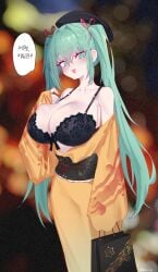 1girls big_breasts blush bra breasts eonsang female female_only girls'_frontline huge_breasts kimono korean_text large_breasts lingerie long_twintails micro_uzi_(girls_frontline) turquoise_eyes turquoise_hair twintails uncensored underwear