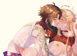 2boys aether_(genshin_impact) ahoge arm_tattoo black_hair blonde_hair blush brown_shirt closed_eyes crop_top earrings facial_mark forehead_mark french_kiss genshin_impact green_hair hair_between_eyes hi_res highres jewelry kissing long_hair male male_focus multicolored_hair multiple_boys nipples non-web_source open_mouth raramuda_0101 sex sex_from_behind shirt tattoo tears tongue tongue_out xiao_(genshin_impact) yaoi