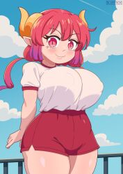 arm_behind_back bluefrok breasts cloud dragon_horns female highres horns huge_breasts ilulu_(dragon_maid) long_hair looking_at_viewer multicolored_hair pink_hair red_eyes shirt short_sleeves smile solo sportswear thick_thighs thighs twintails white_shirt