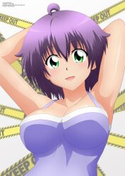 1girls armpits arms_behind_head big_breasts busty female female_only green_eyes large_breasts open_mouth original pose posing purple_hair sensual sexy_armpits short_hair smile solo voluptuous yukino_akaihi yukino_memories zel-sama