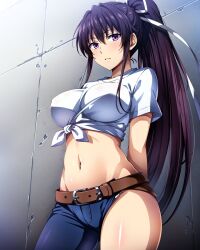 1girls 2020s 2023 ai_generated arms_behind_back big_breasts busty female female_only jeans kanzaki_kaori large_breasts legs long_hair looking_at_viewer midriff navel ponytail purple_eyes purple_hair sensual solo teenage_girl teenager thighs tied_shirt to_aru_majutsu_no_index torn_pants very_long_hair voluptuous