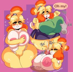 animal_crossing blush canine chubby cum cumming disembodied_hand dork_boi fat female furry hand_on_breast huge_ass huge_breasts isabelle_(animal_crossing) lewd_dorky nintendo onomatopoeia paizuri plump simple_background slightly_chubby squeezing thick_thighs