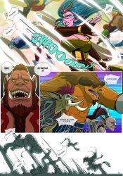 1girls aqua_hair blizzard_entertainment blood_elf comic comic_page darkra dialogue druid_(warcraft) english_text goblin goblin_(warcraft) goblin_male lulusa_wildmist mag'har_orc multiple_boys night_elf orc orc_(warcraft) original_character page_17 pink_skin tauren troll troll_(warcraft) warcraft world_of_warcraft