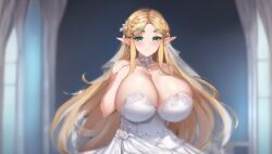 ai_generated aroused blonde_hair blush braided_hair breath_of_the_wild collar elf elf_ears elf_female green_eyes huge_breasts large_breasts long_hair matalica nintendo pinup princess_zelda shy the_legend_of_zelda video_games wedding wedding_dress wedding_lingerie zelda_(breath_of_the_wild)