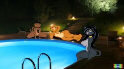 3girls big_breasts bruma el_arca female female_focus female_only kairel lioness looking_at_viewer marmelmm night nude nude_female pantherine panthy pool poolside saransaran