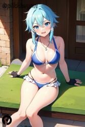 :d ai_generated asada_shino bangs bare_arms bare_shoulders bikini black_gloves blue_bikini blue_eyes blue_hair blush breasts cleavage collarbone feet_out_of_frame female fingerless_gloves frilled_bikini frills gloves gun_gale_online hair_between_eyes halterneck jewelry looking_at_viewer medium_breasts navel necklace open_mouth pikkiwynn short_hair short_hair_with_long_locks sidelocks sinon sitting smile solo stomach swimsuit sword_art_online thighs