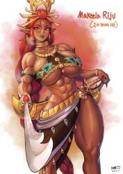 1girls abs aged_up arm_strap biceps breasts dark-skinned_female female female_only gerudo green_eyes heavy_breathing holding_sword hourglass_figure huge_breasts kingbang kongman99 muscular muscular_female muscular_shoulders muscular_thighs neck_ring no_sex non-nude pointy_ears riju scimitar skimpy solo solo_female standing sweat sword tears_of_the_kingdom text the_legend_of_zelda thick_thighs underboob