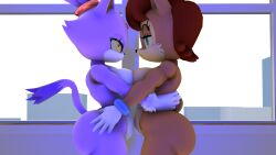 3d 3d_(artwork) big_ass big_breasts blaze_the_cat five_(artist) hand_on_butt hand_on_hip looking_at_another naked sally_acorn sfm sonic_(series) source_filmmaker thick_thighs