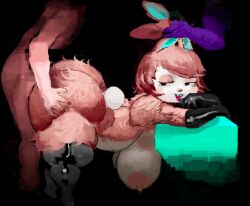 1boy 1girls animal_crossing anthro ass bent_over big_ass big_breasts breasts carmen_(animal_crossing) faceless_male furry gloves kieraruru large_ass nintendo rabbit thighhighs