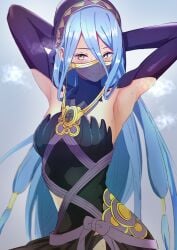 1girls alternate_costume armpit_fetish armpit_focus armpits arms_behind_head azura_(fire_emblem) azura_(performing_arts)_(fire_emblem) bare_thighs black_dress black_panties black_sleeves blue_hair blush breasts closed_mouth clothing_cutout commentary_request detached_collar detached_sleeves dress elbow_gloves female female_only fire_emblem fire_emblem_fates frown gloves gold_trim hair_between_eyes hair_tubes headdress highres kuta light_blue_hair long_hair looking_at_viewer medium_breasts mouth_veil musk nintendo official_alternate_costume panties partial_commentary pose see-through smelly_armpits solo steaming_body steamy_armpits sweat thighs uncomfortable underwear user_whku4538 veil very_long_hair yellow_eyes