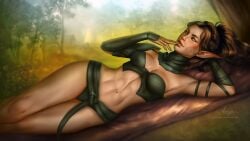 16:9 1girls abs aeryn artist_signature bare_legs bare_midriff bikini brown_hair cleavage divinity:_original_sin_2 divinity_(series) elf elf_female female female_only forest licking_fingers medium_breasts navel on_back outdoors outside patreon_url pointy_ears sebille_(divinity) solo trees yellow_eyes