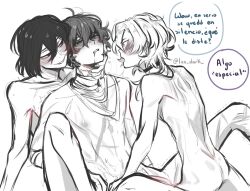 3boys 3some bandage bottom_dazai bsd bungo_stray_dogs bungou_stray_dogs choker chuuya_nakahara dazai_osamu drool drooling drugged drugs fyodor_dostoevsky fyozai gay gay_sex lex_dark male male/male/male male_only male_penetrated male_penetrating multiple_boys shaking skinny slim smirk soukoku spanish_text submissive_male threesome trembling yaoi