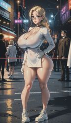 1girls ai_generated big_ass big_thighs blonde blonde_female blonde_hair blue_eyes cleavage curvaceous curvy_body curvy_female fat_thighs female_focus female_only glasses hi_res hourglass_figure huge_ass huge_breasts katie3dx large_ass narrow_waist original original_character pawg public sneakers solo_female solo_focus stable_diffusion thick_ass thick_thighs