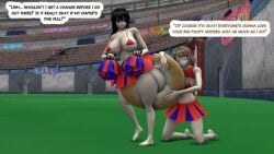 2girls 3d big_breasts cheerleader diaper encouragement female female_only hypermess messy_diaper nightsoil revealing_clothes