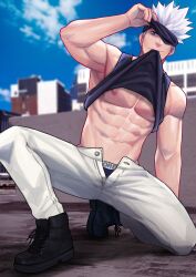 1boy abs black_shirt blue_eyes jujutsu_kaisen male male_focus male_only maorenc satoru_gojo solo tagme white_hair white_pants