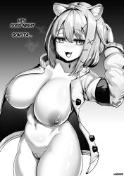 animal_ears arknights belly breasts cameltoe clothing female female hair_ornament high_resolution huge_breasts jacket large_breasts looking_at_viewer monochrome nude one_arm_up short_hair simple_background smile soruex standing utage_(arknights) very_high_resolution white_jacket