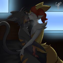 1:1 anthro blush bodily_fluids braixen breath cybeeyoru duo embrace felid feline frottage fur generation_6_pokemon grey_body grey_fur hi_res kissing male male/male mammal nintendo orange_body orange_fur pokemon pokemon_(species) romantic romantic_couple romantic_sex saliva sex white_body white_fur yellow_body yellow_fur