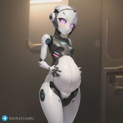 ai_generated belly big_ass big_belly dankutina_ai detailed_background female flat_chest hand_on_pregnant_belly humanoid multicolored_body nude pink_eyes pregnant pussy robot robot_girl small_breasts solo solo_focus white_body