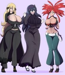 3girls ass ass_expansion breast_expansion breasts cleavage clothing cynthia_(pokemon) female female_only flannery_(pokemon) gigajule5 hex_maniac huge_ass huge_breasts human human_only nintendo pokémon pokemon pokemon_xy red_hair sequence solo solo_female thick_thighs wide_hips