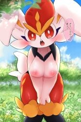 2d anthro arms_crossed breasts bunny_ears bunny_girl bunny_tail cinderace cute female_cinderace fur furry furry_only japanese_text legs_crossed nature nintendo open_mouth pokémon_(species) pokemon prrrrrrmine red_eyes surprised white_fur