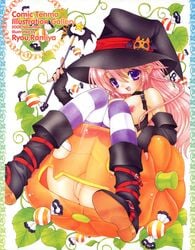 ass blue_eyes boots bra candy choker comic_tenma crease cupless_bra fixme halloween hat jack-o'-lantern jpeg_artifacts leaves long_hair nipples nopan oppai paipan pink_hair pointy_ears pumpkin purple_hair ramiya_ryou striped_thighhighs thighhighs uncensored vagina vines wand witch witch_hat