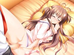 1boy 1girls alpha_(artist) antenna_hair blush brown_hair censored closed_eyes clothing female game_cg konna_ko_ga_itara_boku_wa_mou long_hair lying mitsuse_ayana panties panties_around_leg pillow pink_panties pussy sex uncensored vaginal_penetration