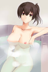 absurdres areolae bath bathtub breasts brown_hair expressionless female highres kaga_(kantai_collection) kantai_collection large_breasts nipples nude pussy short_hair side_ponytail solo water yellow_eyes ze_(wzfnn001)