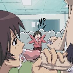 1futa 2girls artist_request azumanga_daiou balls balls_in_panties bandaid breasts brown_eyes brown_hair caught caught_cumming classroom clothing cum cum_drip cum_in_mouth cumshot curvy dickgirl erection fellatio female female_with_female futa_on_female futa_sans_balls futa_with_female futanari hair handjob hard_pixels human humanoid intersex kagura_(azumanga_daiou) kaorin lowres medium_breasts multiple_girls open_mouth oral panties panty_bulge penis penis_out pubic_hair public sakaki school school_uniform sex_education short_hair skirt trembling