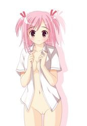 al_azif_(artist) blush bottomless breasts cleavage clothing high_resolution mahou_sensei_negima mahou_sensei_negima! no_bra no_panties nopan open_clothes open_shirt pussy sasaki_makie shirt small_breasts uncensored vagina vector_trace