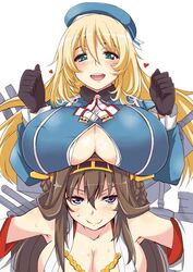 2girls aoi_manabu atago_(kantai_collection) bare_shoulders black_gloves blonde_hair blue_hat blush breast_rest breasts breasts_on_head brown_hair cleavage_cutout detached_sleeves double_bun gloves green_eyes headgear heart huge_breasts kantai_collection kongou_(kantai_collection) long_hair looking_at_viewer machinery military military_uniform multiple_girls nontraditional_miko smile sweat uniform