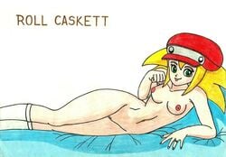 1girls bed beret blonde_hair breasts cap female green_eyes kneehighs legwear lingkailan lying mega_man mega_man_legends nude pussy roll_caskett solo spiky_hair tagme tongue_out