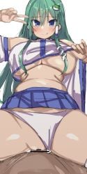 1boy :q bar_censor blue_eyes blue_skirt blush breasts censored closed_mouth clothes_pull clothing_aside commentary cowgirl_position female frog_hair_ornament golgi_hon green_hair hair_ornament highres kochiya_sanae long_hair looking_at_viewer panties panties_aside plump pov pulled_by_self sanae_kochiya sex shirt_pull simple_background skirt smile snake_hair_ornament solo_focus straight tongue tongue_out touhou underboob underwear v white_background white_panties