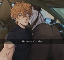 2boys ass ass_focus bent_forward bent_over black_hair black_hair_bottom blue_eyes car childe_(genshin_impact) domination drive_thru english_text gay genshin_impact ginger he_wants_to_order inside_car light_hair_on_dark_hair male male_only meme narutoss.ramen red_hair red_hair_on_black_hair red_hair_top selfie tartaglia_(genshin_impact) tight_pants yaoi zhongli_(genshin_impact)