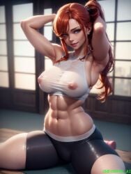 1girls abs ai_generated arms_up big_breasts blue_eyes erect_nipples female female_focus female_only fit freckles freckles_on_face ginger hi_res leggings long_hair looking_at_viewer muscles muscular muscular_female navel nipple_bulge nipples nipples_visible_through_clothing original pecs red_hair self_upload skindentation smile smiling smporate_ai solo_female solo_focus spread_legs stable_diffusion thick_thighs wet_shirt wide_hips