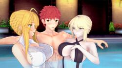 1boy 2girls 3d artoria_pendragon_(swimsuit_ruler) artoria_pendragon_(swimsuit_ruler)_(second_ascension)_(fate) big_breasts bikini blonde_hair emiya_shirou fate/grand_order fate_(series) female girl_sandwich green_eyes in_pool in_water large_breasts male male/female pool red_hair sandwiched swimsuit