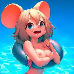 1girls ai_generated anthro arm_under_breasts big_ears bikini bikini_top blonde_hair blue_eyes breast_rest breasts female floatie floating hair inflatable mammal medium_breasts mouse murid murine nipples rodent sea sharp_teeth sklimaa smile solo swim_ring swimming swimwear swimwear_down teeth water