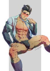 abs asian asian_male biceps bulge bulging_biceps east_asian east_asian_male evinist jockstrap larry_(pokemon) loose_necktie male male_only muscles muscular muscular_male open_shirt pecs pokemon pokemon_sv sitting smooth_chest smooth_skin thick_thighs underwear