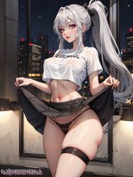 ai_generated curvy curvy_female curvy_figure huge_breasts long_hair looking_at_viewer original_character ponytail revealing_panties solo_female solo_focus stable_diffusion voluptuous voluptuous_female white_hair winesnow