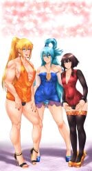 3boys aqua_(konosuba) blonde_hair blue_eyes blue_hair brown_hair bulge crossdressing darkness_(konosuba) dress earrings femboy femboy_only genderswap_(ftm) heels high_heels kono_subarashii_sekai_ni_shukufuku_wo! lipstick long_hair looking_at_viewer male male_only megumin multiple_boys platform_heels ponytail red_eyes red_lipstick red_nails red_toenails rule_63 stockings suiren_ciao textless_version white_background